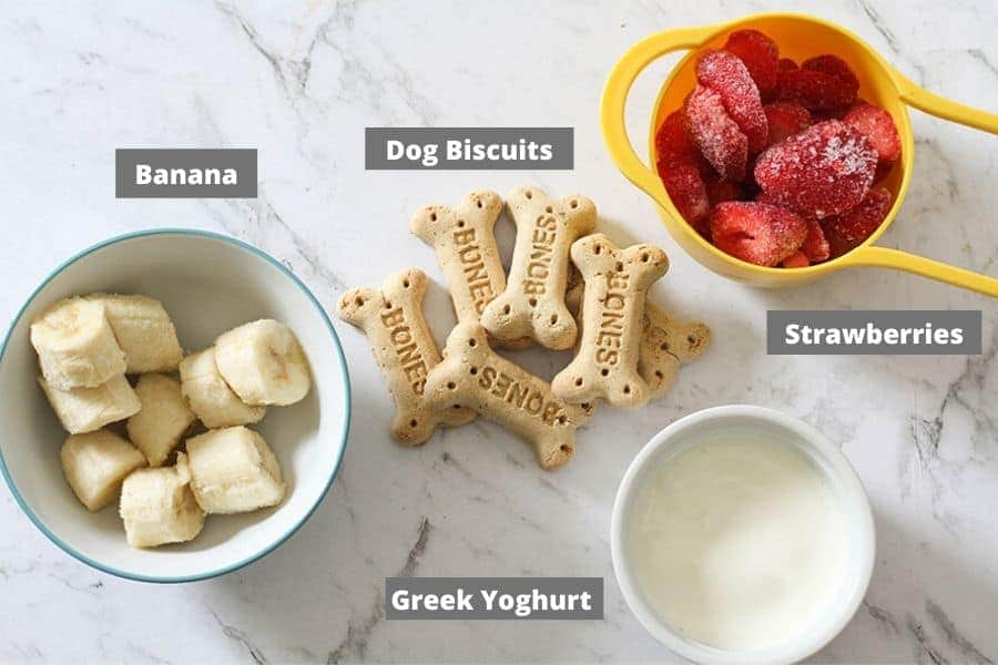 dog popsicle ingredients on a white marble background.