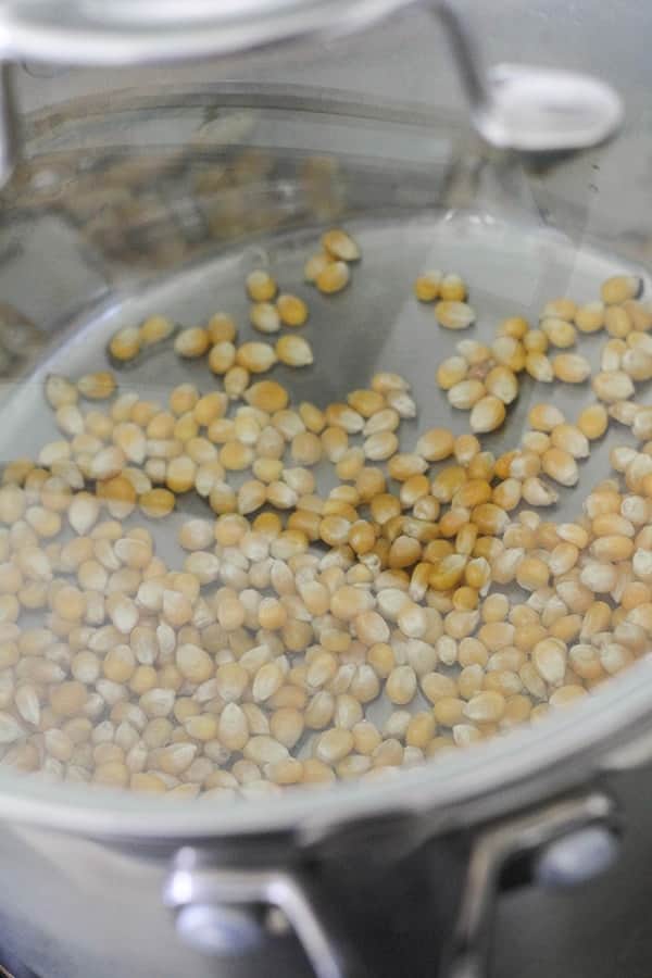 popcorn kernels in a saucepan. 