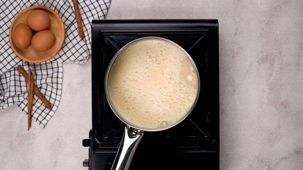 Heat the milk-egg-sugar in the saucepan
