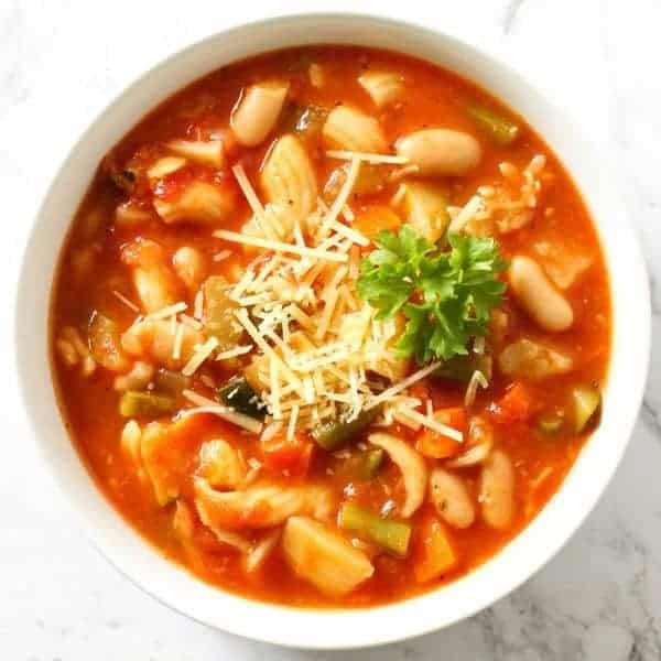 Italian Minestrone Soup in a white bowl.