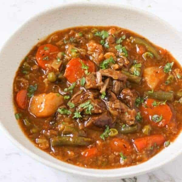 beef and vegetable stew in a white bowl
