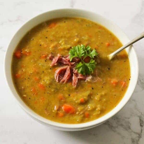 Split Pea Soup in a white bowl.