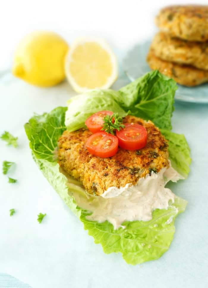 Lemon Falafel Burgers with Greek Yogurt Tahini Spread