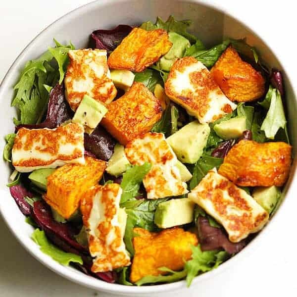 pumpkin, haloumi and avocado salad