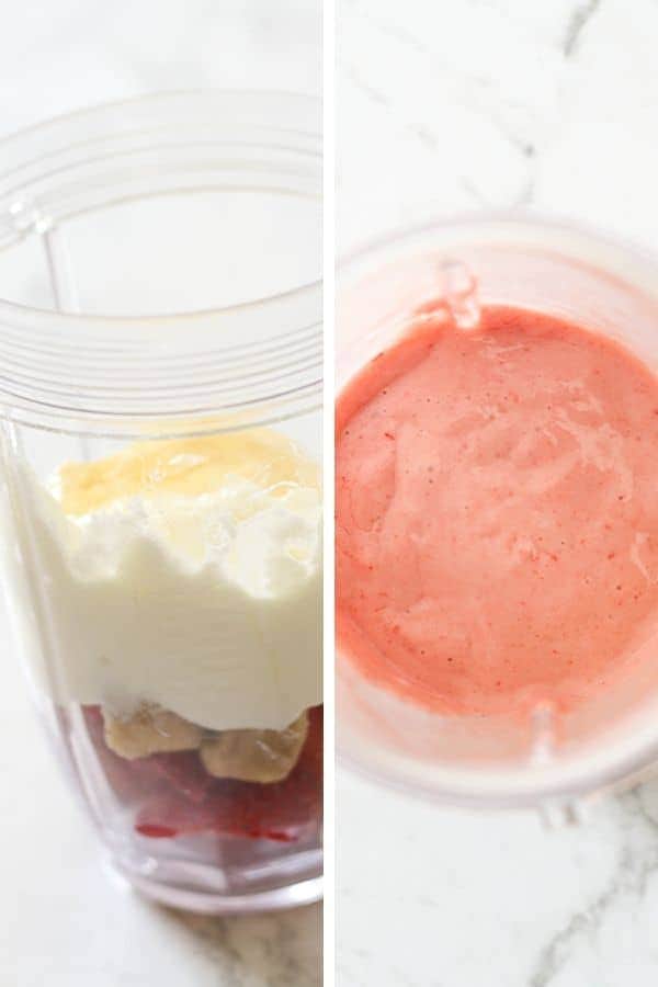 strawberry banana popsicle ingredients in a blender cup.