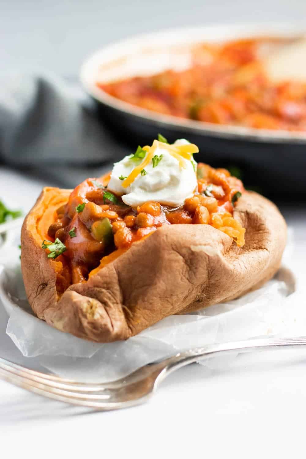 15 Minute Lentil Sloppy Joe Stuffed Sweet Potatoes