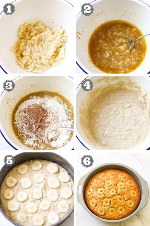 Step by step photo instructions on how to make easy banana cake.