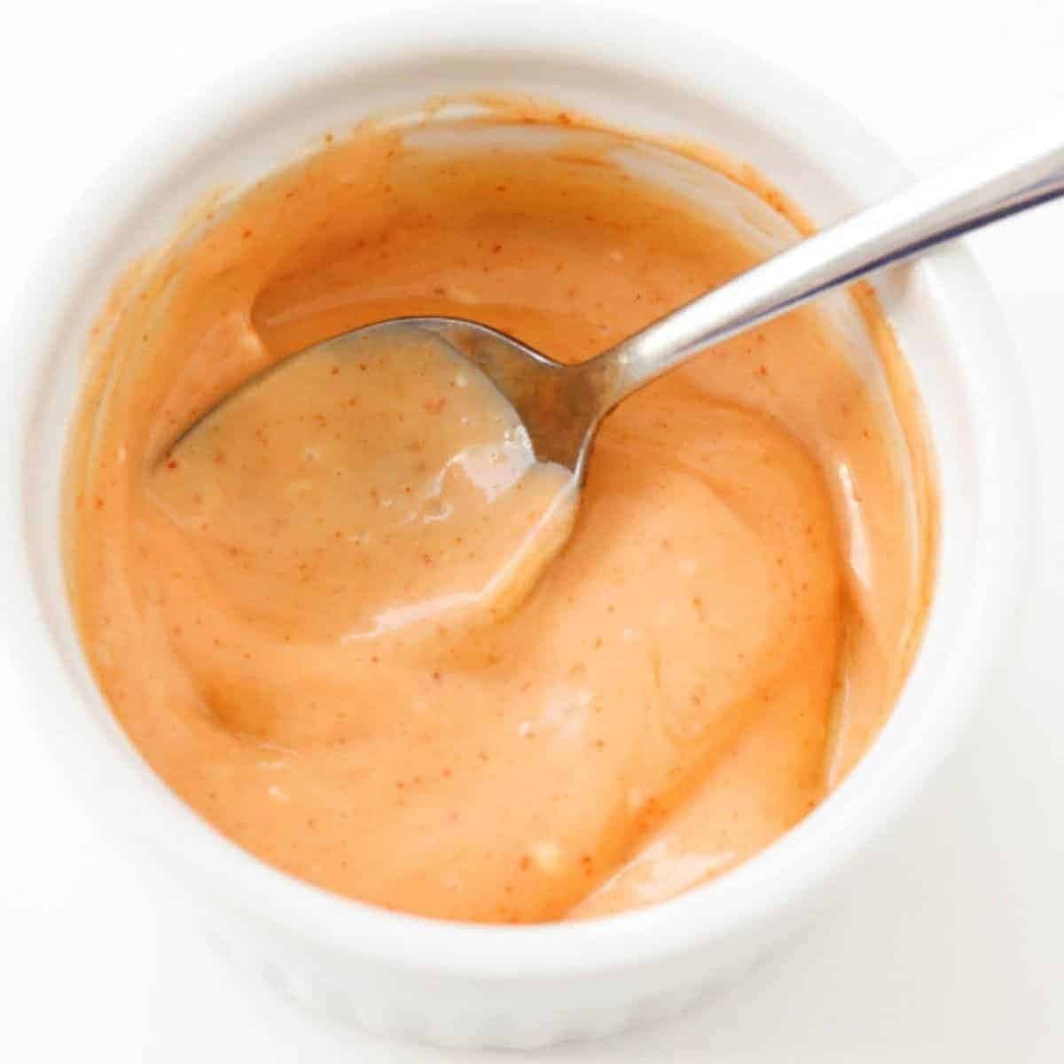 bang bang sauce in a white bowl.