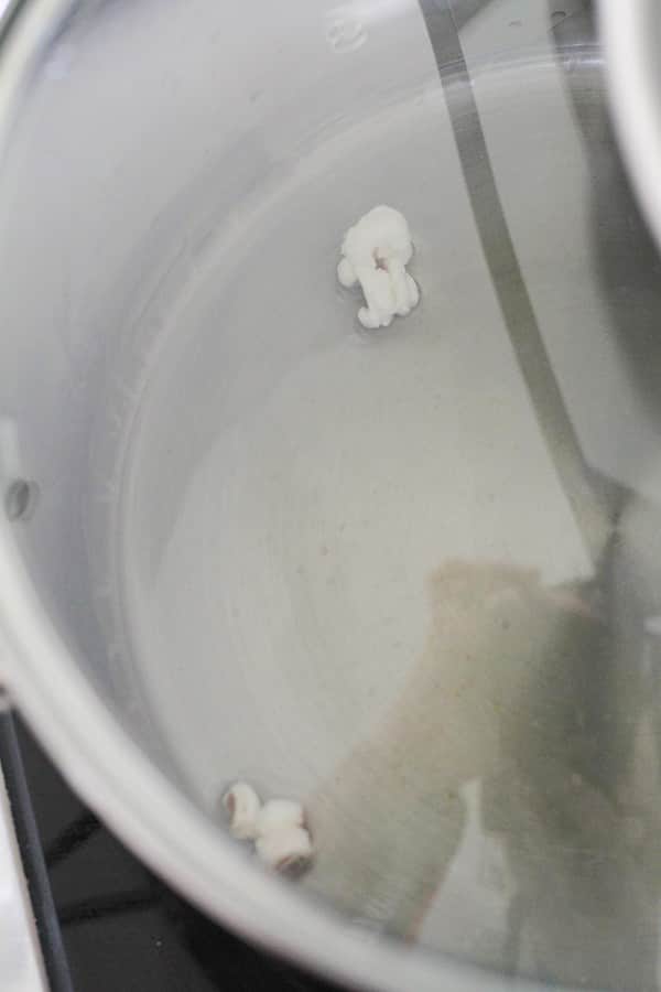 two popped kernels in a saucepan.