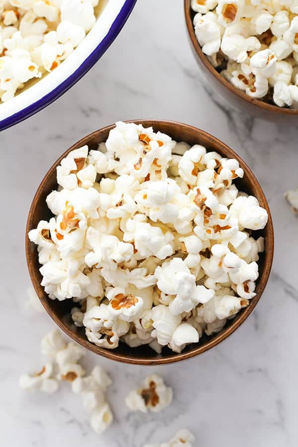 popcorn in a wooden bowl.