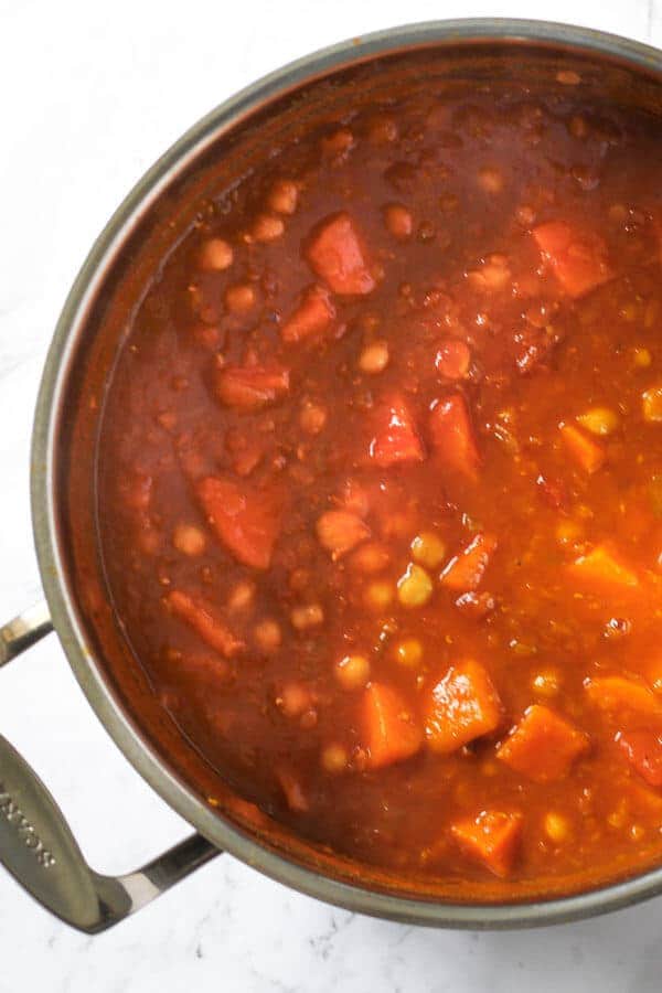 sweet potato, lentil & chickpea curry is a large stainless steel pot