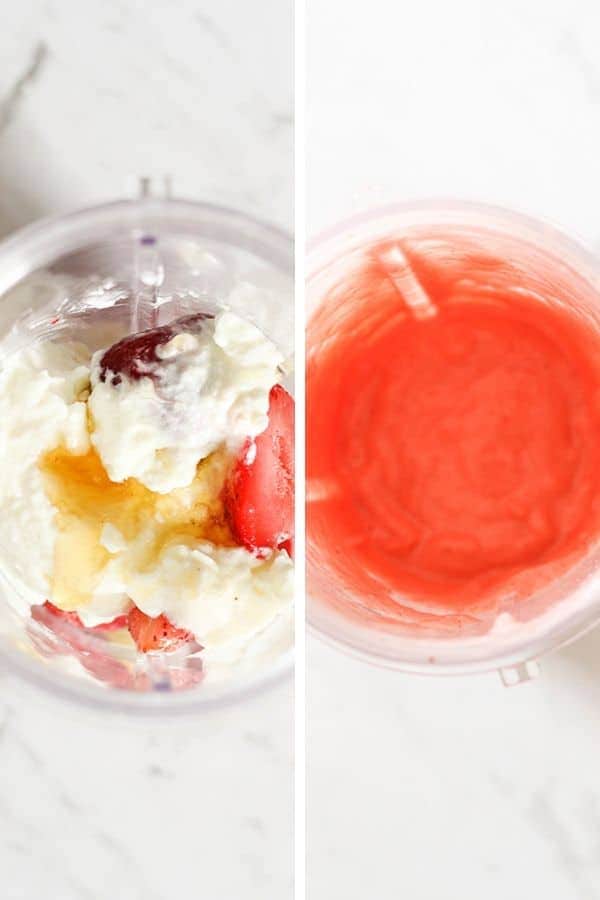 ingredients for strawberry pineapple popsicles in a blender cup. 