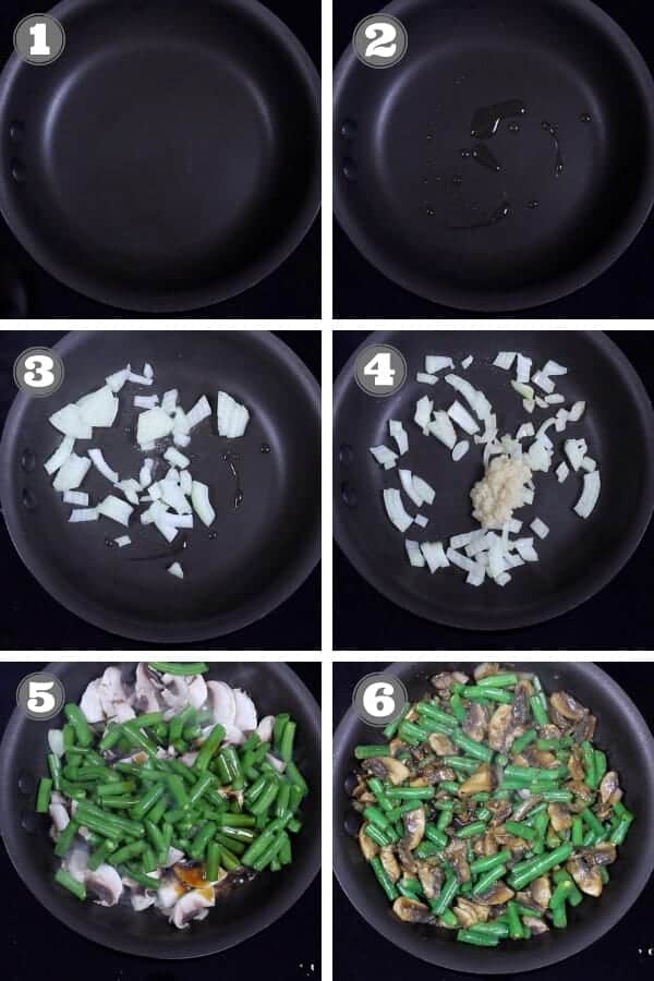 step by step photos on how to make sautéed green beans and mushrooms