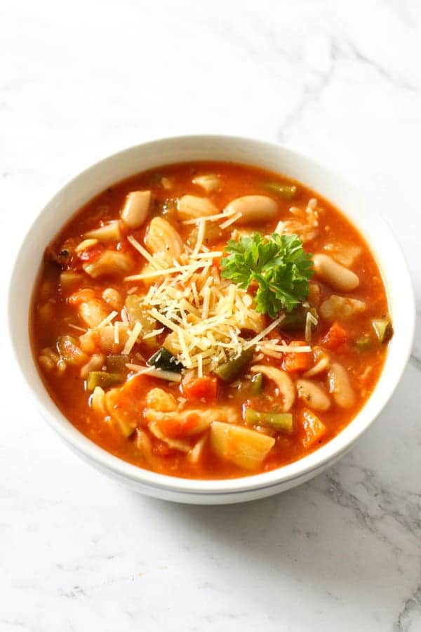 Italian Minestrone Soup in a white bowl.