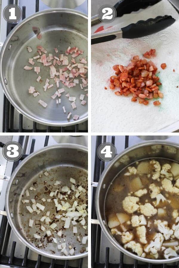 step by step images on how to make cauliflower and bacon soup