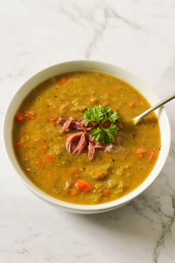 Split Pea Soup in a white bowl. 