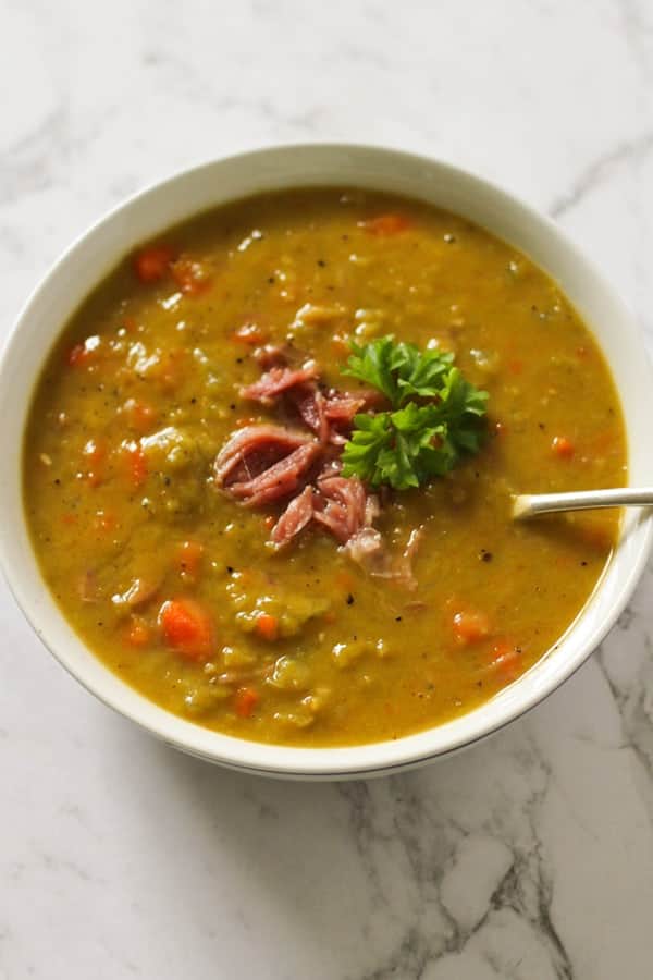 Split Pea Soup in a white bowl. 