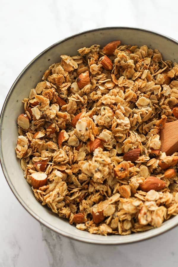 granola in a grey bowl.
