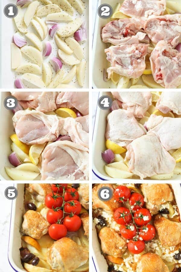 step by step photos on how to make greek chicken traybake