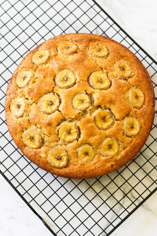 banana cake on a wire rack.