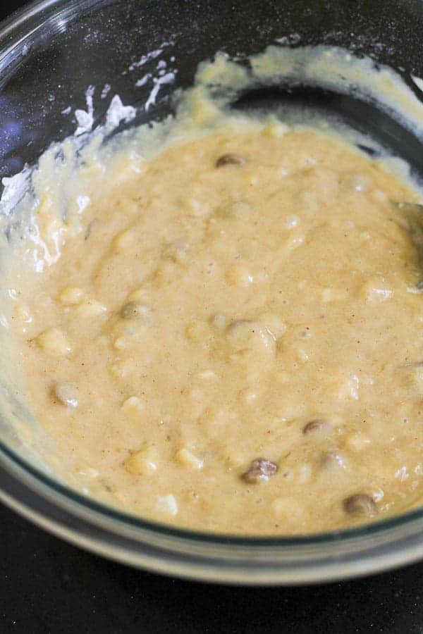 muffin mixture in a glass bowl.