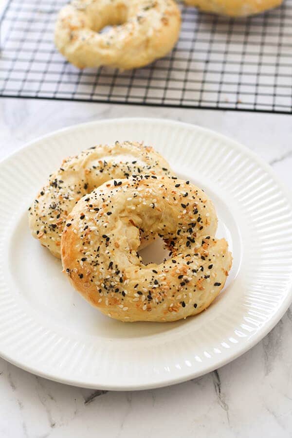 2 ingredient bagels on a white plate.
