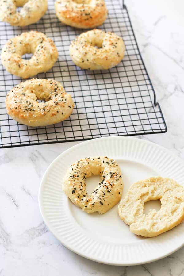 2 ingredient bagels on a white plate.