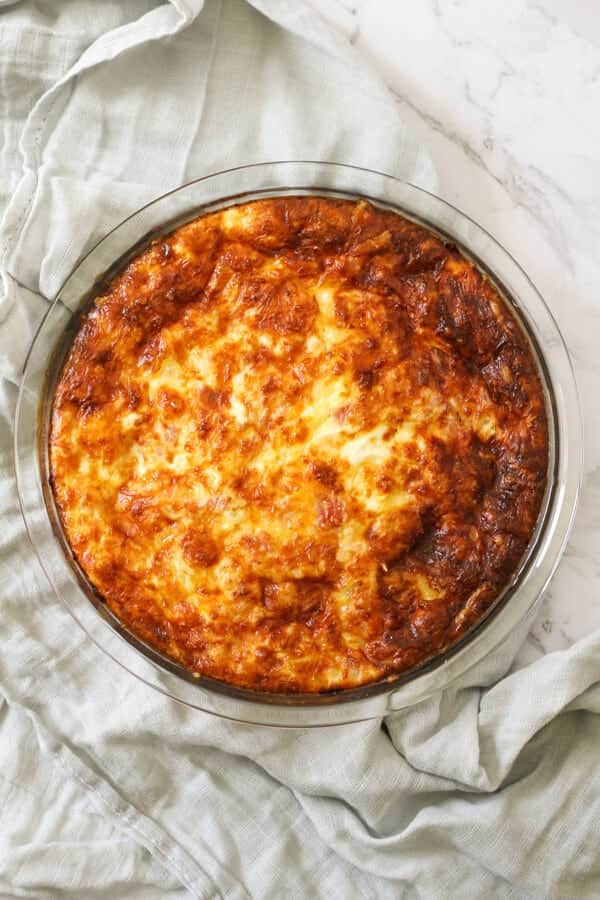 Impossible Quiche in a glass pie dish.