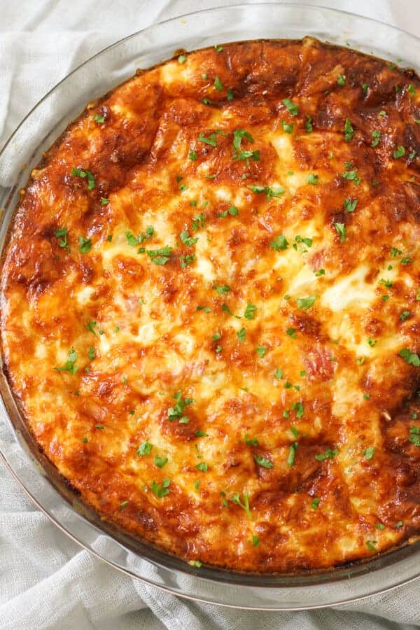 Impossible Quiche in a glass pie dish.