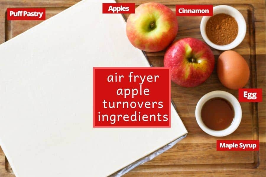 ingredient for air fryer apple turnovers on a wooden cutting board.