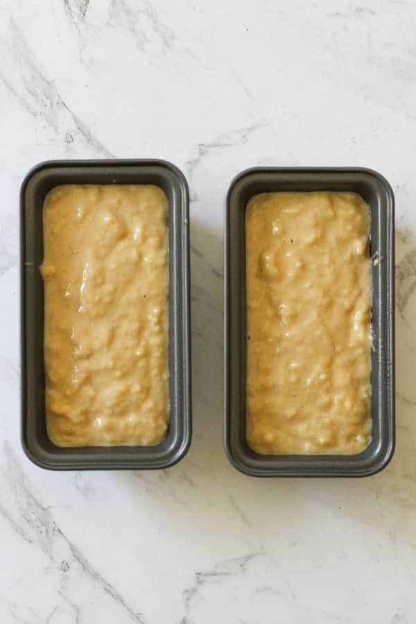 mini banana bread loaves ready for the oven.