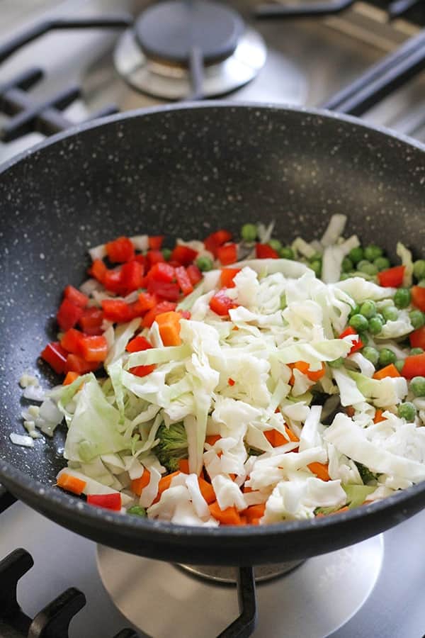 vegetables in a wok.