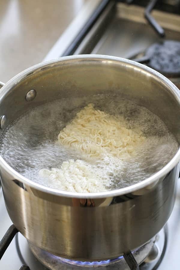 ramen noodles in a saucepan.