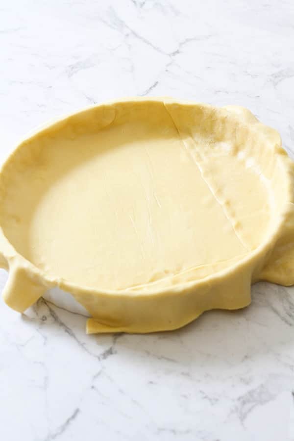 shortcrust pastry covering quiche dish.