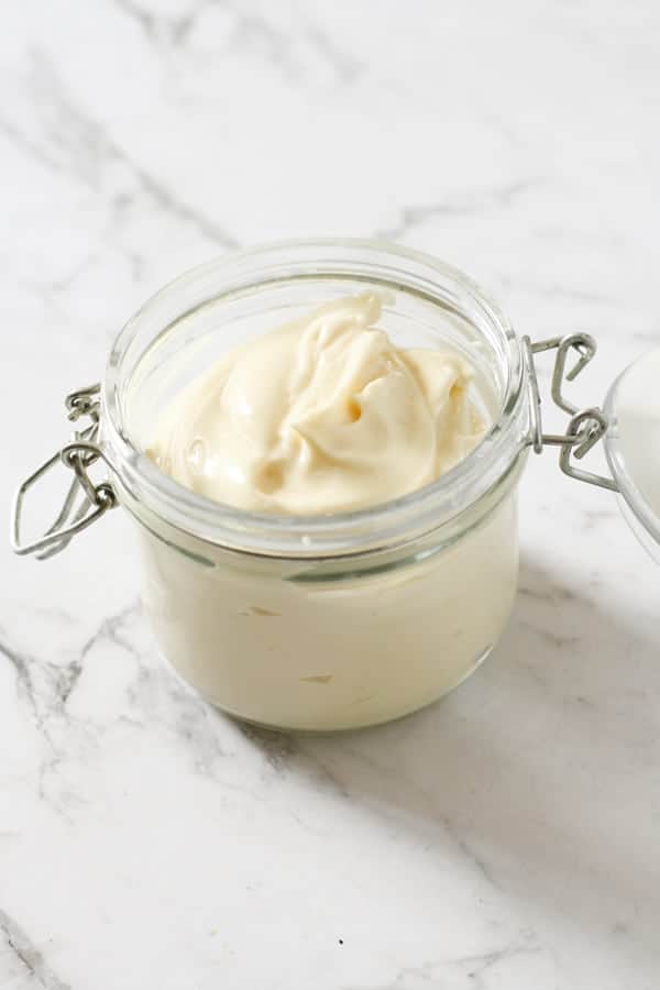 mayonnaise in a glass jar.