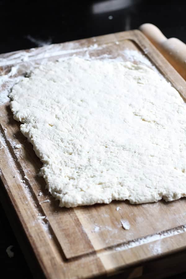 two ingredient dough rolled into a rectangle.