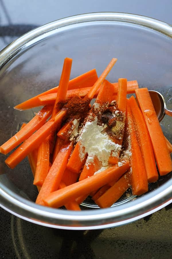 carrot fries in a glass bowl.