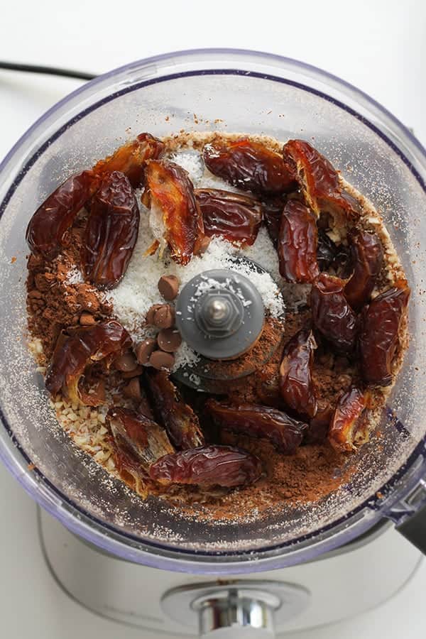all ingredients to make energy balls in a food processor.