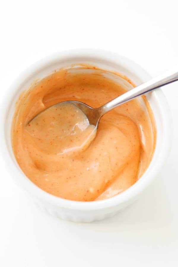 bang bang sauce in a white bowl.