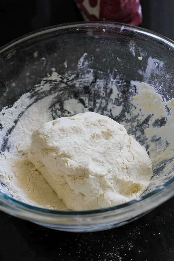 two ingredient dough in a glass bowl.
