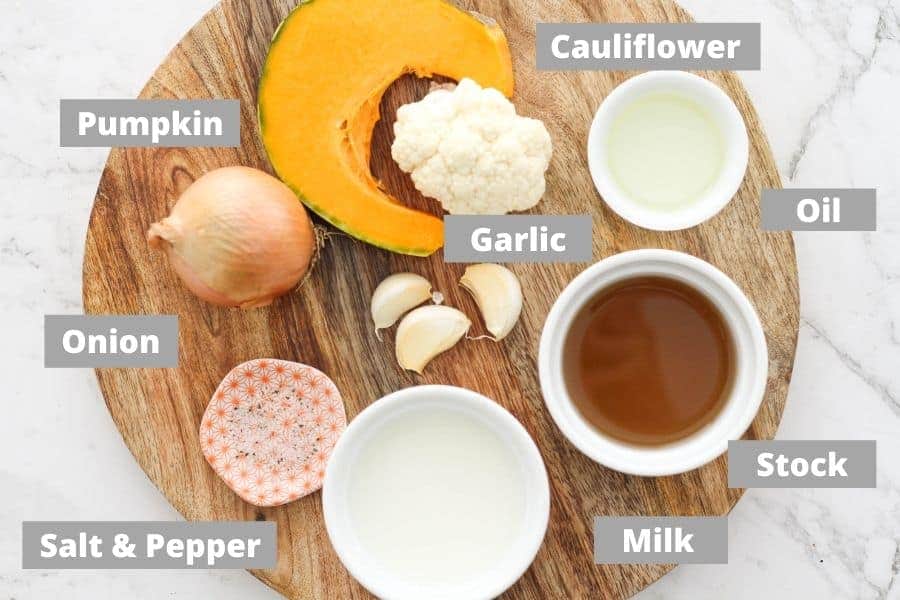 soup ingredients on a wooden board.