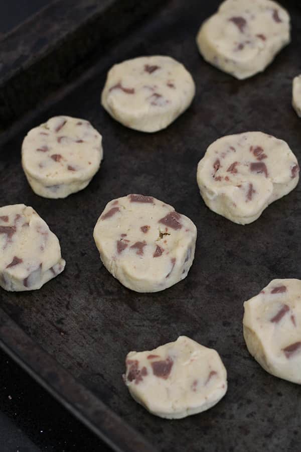 choc chip shortbread cookies on a baking dish.