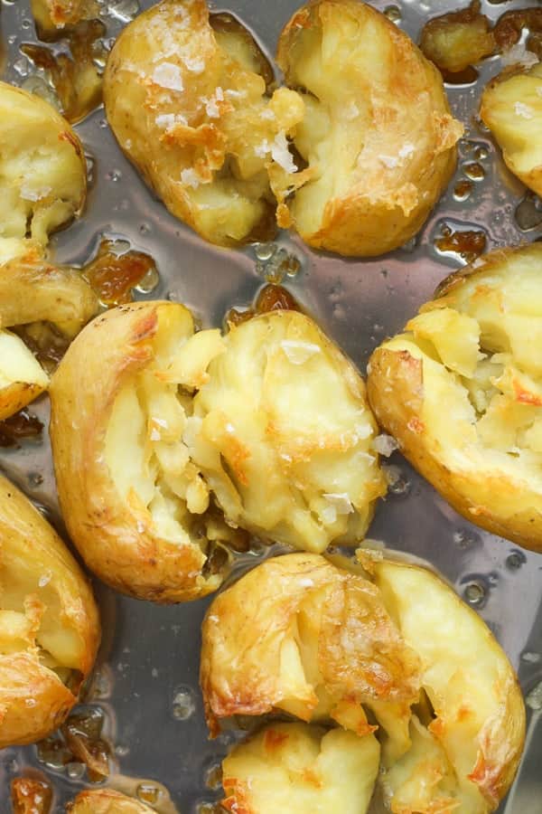 a tray of smashed potatooes.