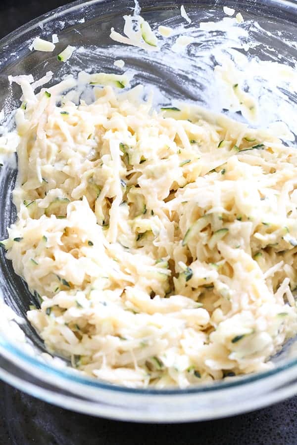 fritters batter in a glass bowl.