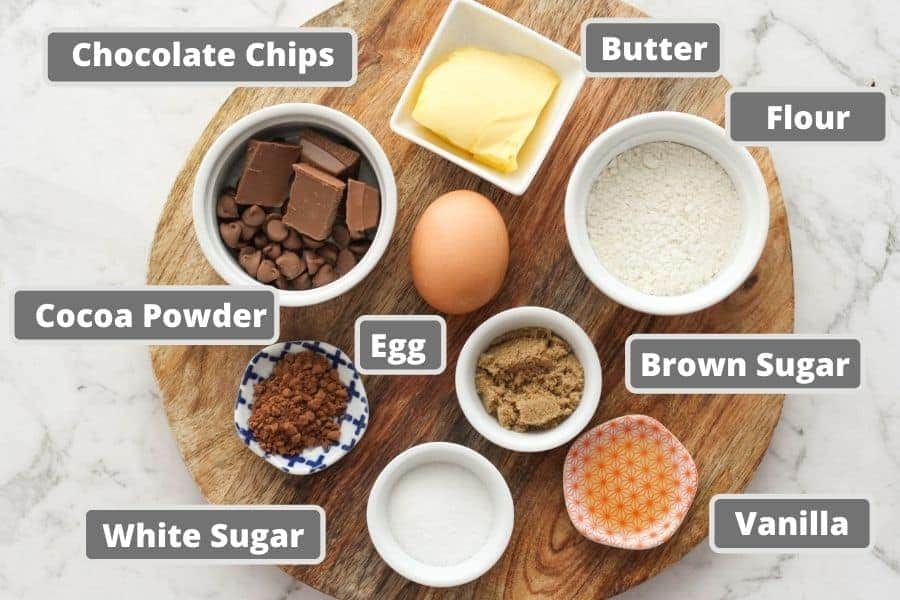 air fryer brownies ingredients including butter, sugar and cocoa powder.