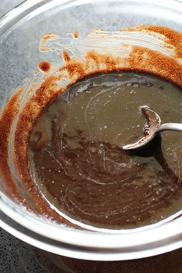 brownie mixture in a glass bowl.