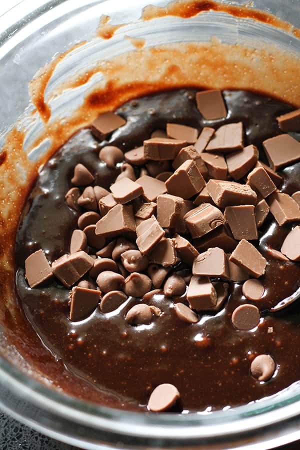 brownie mixture with chocolate chunks on top.