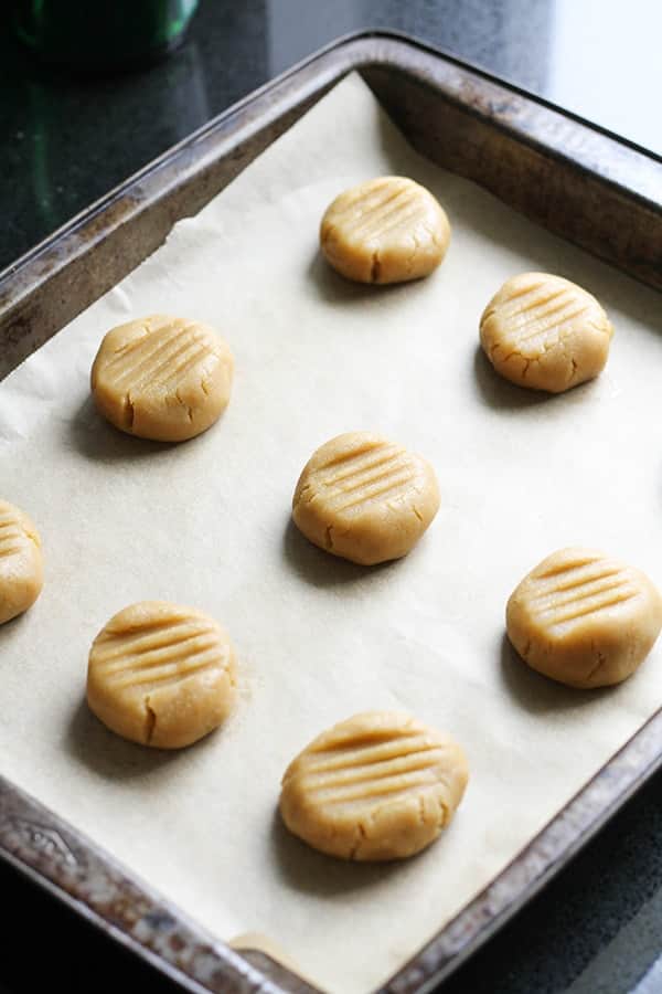 cookies on a baking tray ready for the oven.