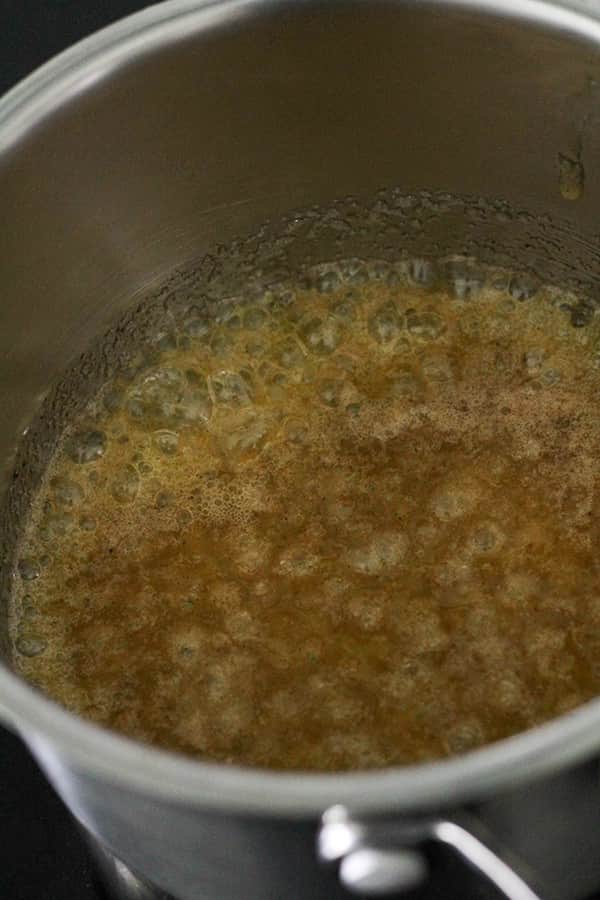 butter and sugar melted in a saucepan.