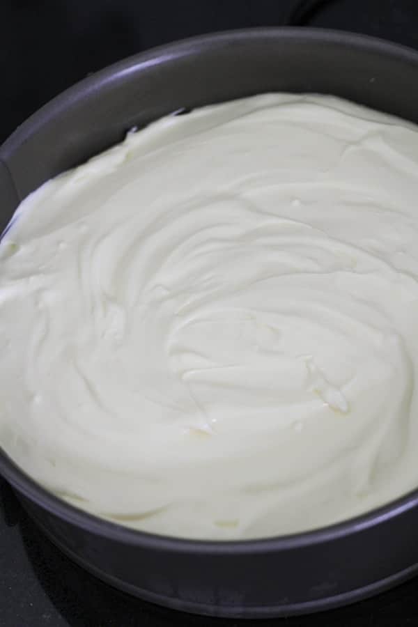 cheesecake mixture poured into springform pan.